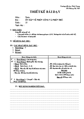 Thiết kế bài dạy Toán Lớp 2 - Tuần 33: Ôn tập về phép cộng và phép trừ - Phùng Thị Tiết