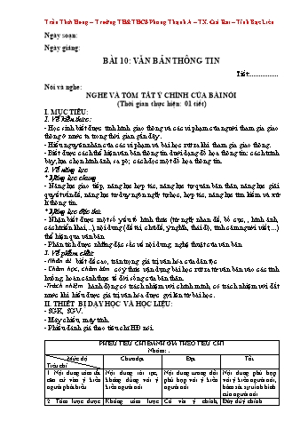 Giáo án Ngữ văn Lớp 7 (Cánh diều) - Bài 10: Văn bản thông tin - Nói và nghe: Nghe và tóm tắt ý chính của bài nói - Lê Thị Thùy