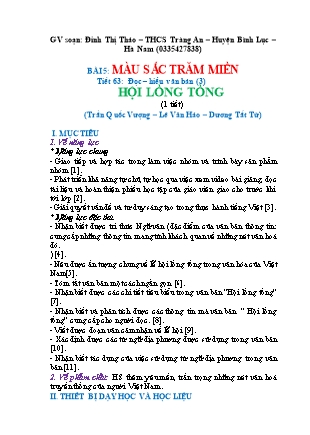 Giáo án Ngữ văn Lớp 7 (Kết nối tri thức với cuộc sống) - Tiết 63: Đọc – hiểu văn bản: Hội lồng tồng (Trần Quốc Vượng, Lê Văn Hảo, Dương Tất Từ) - Đinh Thị Thảo