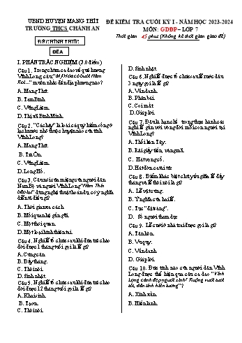 2 Đề kiểm tra cuối học kì I môn Giáo dục địa phương 7 - Năm học 2023-2024 - Trường THCS Chánh An (Có đáp án)