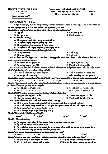 2 Đề kiểm tra cuối học kỳ I môn Khoa học tự nhiên 8 - Năm học 2023-2024 - Trường THCS Tân Long (Có đáp án)