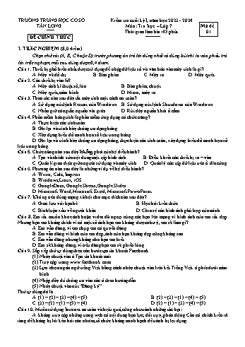 2 Đề kiểm tra cuối học kỳ I môn Tin học 7 - Năm học 2023-2024 - Trường THCS Tân Long (Có đáp án)