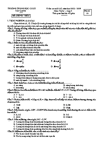 2 Đề kiểm tra cuối học kỳ I môn Vật lý 9 - Năm học 2023-2024 - Trường THCS Tân Long (Có đáp án)