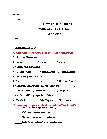 2 Đề kiểm tra giữa học kì I môn Tiếng Anh 6 - Năm học 2024-2025 (Có đáp án)