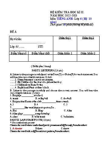 2 Đề kiểm tra học kì II môn Tiếng Anh 6 (Hệ 10 năm) - Năm học 2022-2023 - Nguyễn Hồng Phượng (Có đáp án)