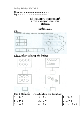 3 Đề ôn tập Toán & Tiếng Việt Lớp 2 - Tuần 13 - Trường Tiểu học Hòa Tịnh B