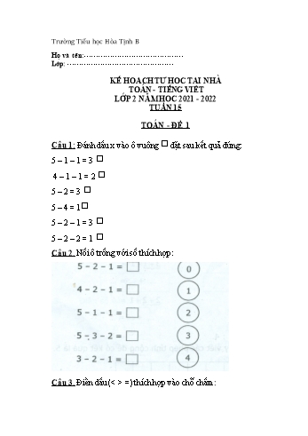 3 Đề ôn tập Toán & Tiếng Việt Lớp 2 - Tuần 15 - Năm học 2021-2022 - Trường Tiểu học Hòa Tịnh B