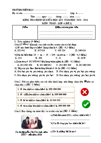 5 Đề kiểm tra định kì giữa học kỳ I môn Toán Lớp 4 (Kết nối tri thức) - Năm học 2024-2025 - Trường Tiểu học Thị trấn Vĩnh Bảo (Có đáp án)