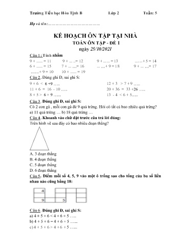5 Đề ôn tập môn Toán & Tiếng Việt Lớp 2 (Chân trời sáng tạo) - Tuần 5 - Năm học 2021-2022 - Trường Tiểu học Hòa Tịnh B