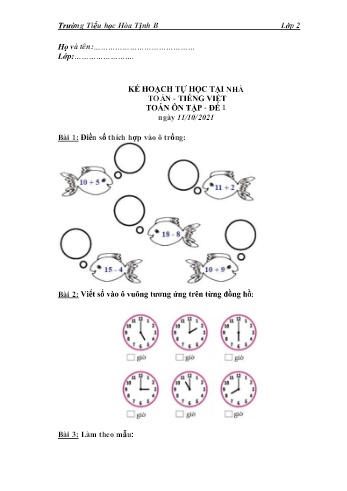 5 Đề ôn tập Toán & Tiếng Việt Lớp 2 (Chân trời sáng tạo) - Tuần 3 - Năm học 2021-2022 - Trường Tiểu học Hòa Tịnh B
