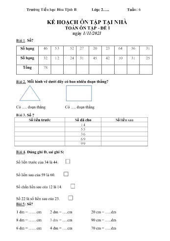 5 Đề ôn tập Toán & Tiếng Việt Lớp 2 (Chân trời sáng tạo) - Tuần 6 - Năm học 2021-2022 - Trường Tiểu học Hòa Tịnh B