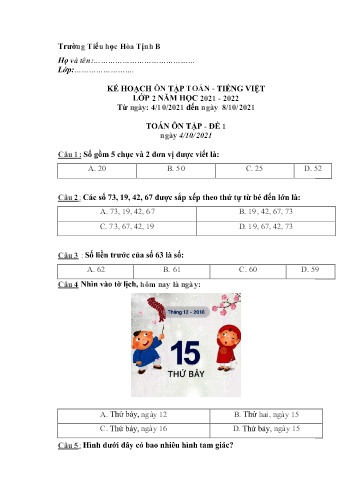 5 Đề ôn tập Toán & Tiếng Việt Lớp 2 - Tuần 2 - Năm học 2021-2022 - Trường Tiểu học Hòa Tịnh B