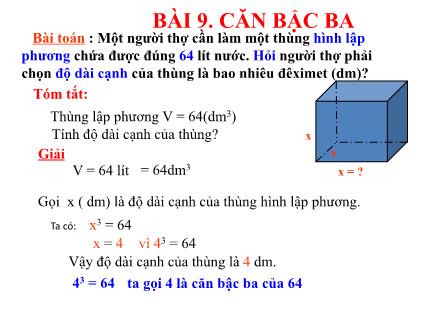 Bài giảng môn Toán 9 (Đại số) - Bài 9: Căn bậc ba