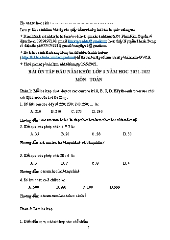 Bài tập ôn tập đầu năm Toán Khối 3 - Năm học 2021-2022 - Trường Tiểu học Hòa Tịnh A (Có đáp án)