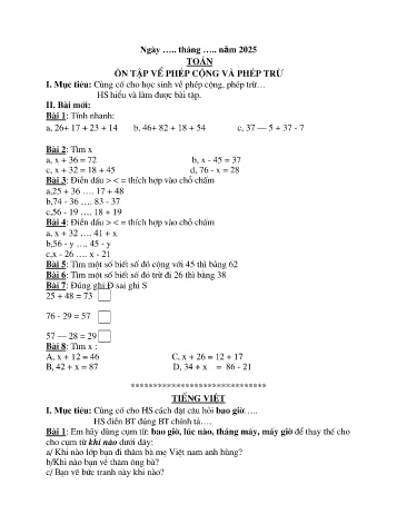 Bài tập ôn tập hè lên Lớp 3 môn Toán + Tiếng Việt