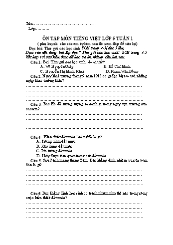 Bài tập ôn tập môn Tiếng Việt Lớp 5 - Tuần 1 đến 4 (Có đáp án)