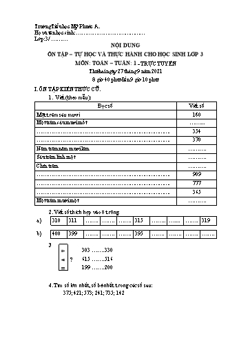 Bài tập ôn tập môn Toán Lớp 3 - Tuần 1 - Năm học 2021-2022 - Trường Tiểu học Mỹ Phước A