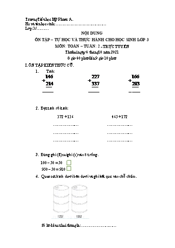 Bài tập ôn tập môn Toán Lớp 3 - Tuần 2 - Năm học 2021-2022 - Trường Tiểu học Mỹ Phước A