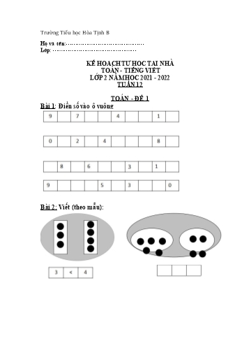 Bài tập ôn tập môn Toán & Tiếng Việt Lớp 2 - Tuần 12 - Năm học 2021-2022 - Trường Tiểu học Hòa Tịnh B