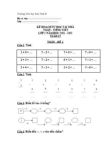 Bài tập ôn tập môn Toán & Tiếng Việt Lớp 2 - Tuần 17 - Năm học 2021-2022 - Trường Tiểu học Hòa Tịnh B