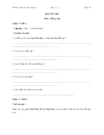 Bài tập ôn tập môn Toán & Tiếng Việt Lớp 3 - Tuần 3 - Trường Tiểu học Hòa Tịnh B