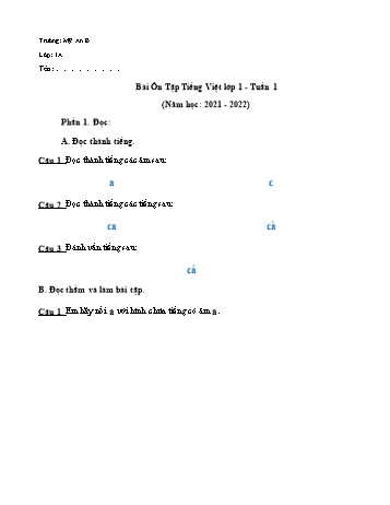 Bài tập ôn tập Tiếng Việt Khối 1 - Tuần 1 - Năm học 2021-2022 - Trường Tiểu học Mỹ An B