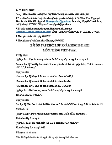 Bài tập ôn tập Tiếng Việt Khối 3 - Tuần 1 - Năm học 2021-2022 - Trường Tiểu học Hòa Tịnh A (Có đáp án)