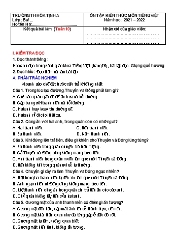 Bài tập ôn tập Tiếng Việt Lớp 3 - Tuần 10 - Năm học 2021-2022 - Trường Tiểu học Hòa Thịnh A (Có đáp án)