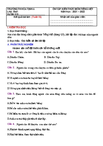 Bài tập ôn tập Tiếng Việt Lớp 3 - Tuần 15 - Năm học 2021-2022 - Trường Tiểu học Hòa Thịnh A (Có đáp án)