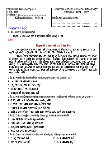 Bài tập ôn tập Tiếng Việt Lớp 3 - Tuần 9 - Năm học 2021-2022 - Trường Tiểu học Hòa Thịnh A (Có đáp án)