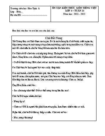 Bài tập ôn tập Tiếng Việt Lớp 4 - Tuần 14 - Năm học 2021-2022 - Trường Tiểu học Hòa Thịnh A