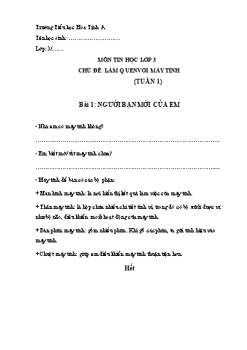 Bài tập ôn tập Tin học Khối 3 - Chủ đề: Làm quen với máy tính - Bài 1 + Bài 2 - Trường Tiểu học Hòa Tịnh A (Có đáp án)