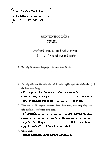 Bài tập ôn tập Tin học Khối 4 - Chủ đề: Khám phá máy tính - Tuần 1 đến 4 - Năm học 2021-2022 - Trường Tiểu học Hòa Tịnh A
