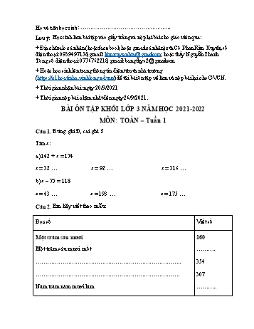 Bài tập ôn tập Toán Khối 3 - Tuần 1 - Năm học 2021-2022 - Trường Tiểu học Hòa Tịnh A (Có đáp án)