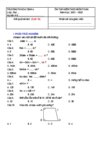Bài tập ôn tập Toán Lớp 3 - Tuần 10 - Năm học 2021-2022 - Trường Tiểu học Hòa Thịnh A (Có đáp án)