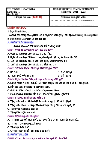 Bài tập ôn tập Toán Lớp 3 - Tuần 12 - Năm học 2021-2022 - Trường Tiểu học Hòa Thịnh A (Có đáp án)