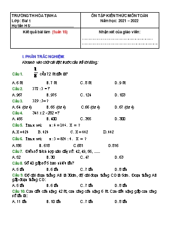 Bài tập ôn tập Toán Lớp 3 - Tuần 15 - Năm học 2021-2022 - Trường Tiểu học Hòa Thịnh A (Có đáp án)
