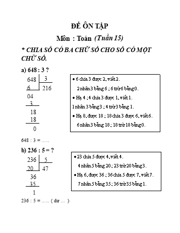 Bài tập ôn tập Toán Lớp 3 - Tuần 15 - Trường Tiểu học Hòa Tịnh B