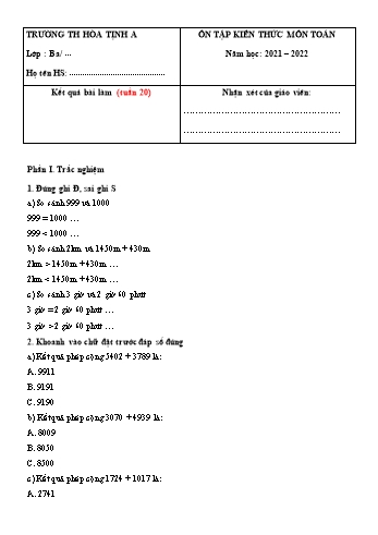 Bài tập ôn tập Toán Lớp 3 - Tuần 20 - Năm học 2021-2022 - Trường Tiểu học Hòa Thịnh A (Có đáp án)