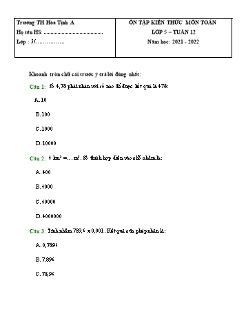 Bài tập ôn tập Toán Lớp 5 - Tuần 12 - Năm học 2021-2022 - Trường Tiểu học Hòa Thịnh A