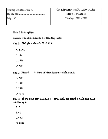 Bài tập ôn tập Toán Lớp 5 - Tuần 15 - Năm học 2021-2022 - Trường Tiểu học Hòa Thịnh A
