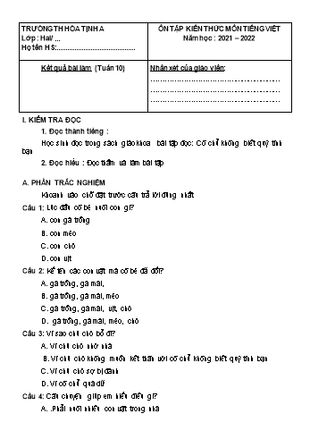 Bài tập ôn tập Toán & Tiếng Việt Lớp 2 - Tuần 10 - Năm học 2021-2022 - Trường Tiểu học Hòa Thịnh A (Có đáp án)