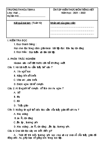 Bài tập ôn tập Toán & Tiếng Việt Lớp 2 - Tuần 12 - Năm học 2021-2022 - Trường Tiểu học Hòa Thịnh A (Có đáp án)