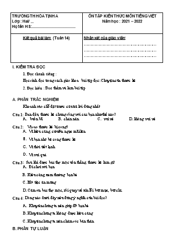 Bài tập ôn tập Toán & Tiếng Việt Lớp 2 - Tuần 14 - Năm học 2021-2022 - Trường Tiểu học Hòa Thịnh A (Có đáp án)