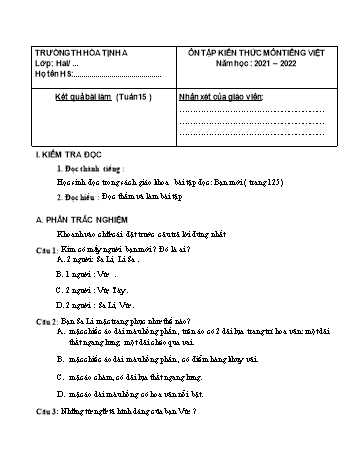 Bài tập ôn tập Toán & Tiếng Việt Lớp 2 - Tuần 15 - Năm học 2021-2022 - Trường Tiểu học Hòa Thịnh A (Có đáp án)