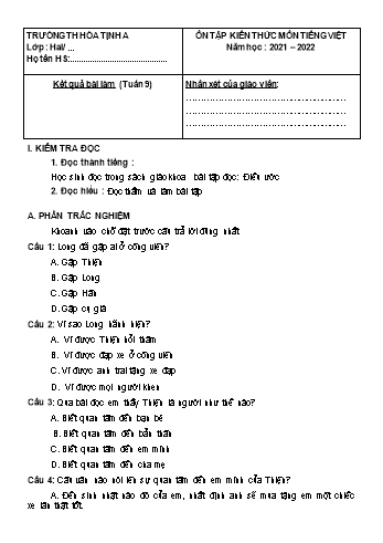 Bài tập ôn tập Toán & Tiếng Việt Lớp 2 - Tuần 9 - Năm học 2021-2022 - Trường Tiểu học Hòa Thịnh A (Có đáp án)