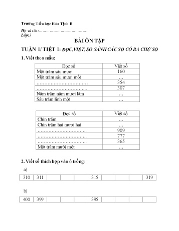 Bài tập ôn tập Toán & Tiếng Việt Lớp 3 - Tuần 1 - Trường Tiểu học Hòa Tịnh B