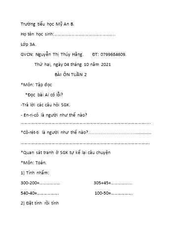 Bài tập ôn tập Toán & Tiếng Việt Lớp 3 - Tuần 2 - Năm học 2021-2022 - Nguyễn Thị Thúy Hằng