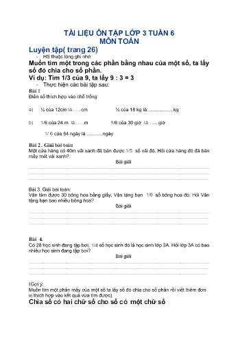 Bài tập ôn tập Toán & Tiếng Việt Lớp 3 - Tuần 6 - Trường Tiểu học Hòa Tịnh B