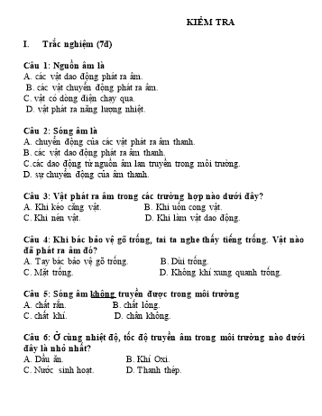 Câu hỏi kiểm tra môn Vật lí Lớp 7 Sách Chân trời sáng tạo - Chủ đề 4